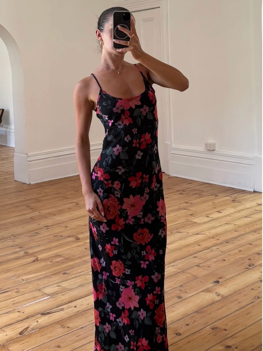 Black Floral Slip Maxi Dress with Pink & Red Blooms